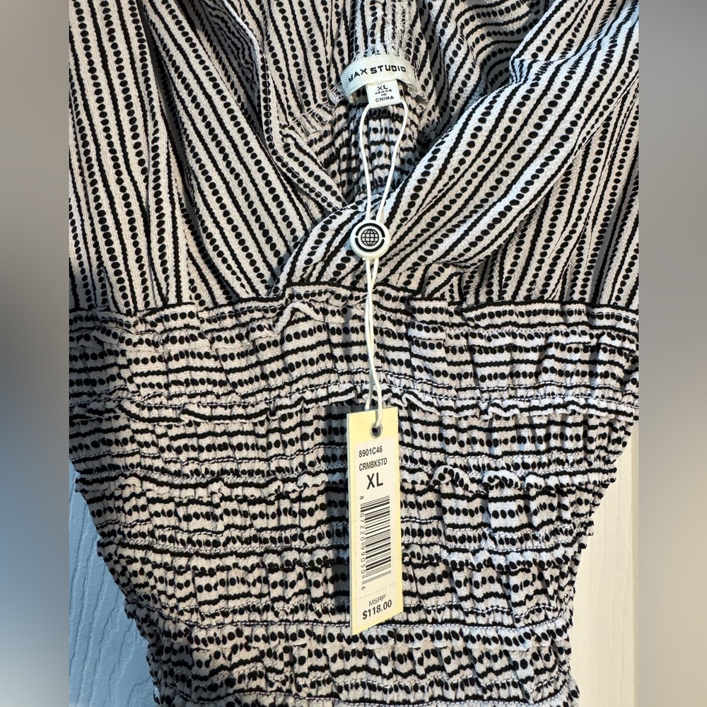 Max Studio Smocked Waist Wide Leg Jumpsuit Black White Ruffle XL - Picture 4 of 5